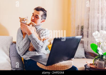Man working in internet from home holding cat using laptop. Young freelancer businessman relaxing with pet sitting on couch. Remote job Stock Photo
