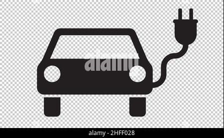 Electric car icon. Electrical automobile cable contour and plug charging black icon pictogram symbol. Eco friendly electro auto vehicle concept on che Stock Vector