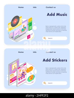 Music karaoke. Vinyl disk. Girl uses stockers and smiles in online video chat. Vector web site design template. Landing page website concept Stock Vector