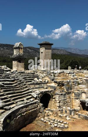 Kas, Antalya, Turkey - September 15 2014: Lycian tombs over the theater of Xanthos (UNESCO World Heritage Site, 1988) Stock Photo