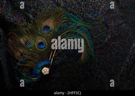 Peacock feathers on black glittery background. Carnival mask. Stock Photo