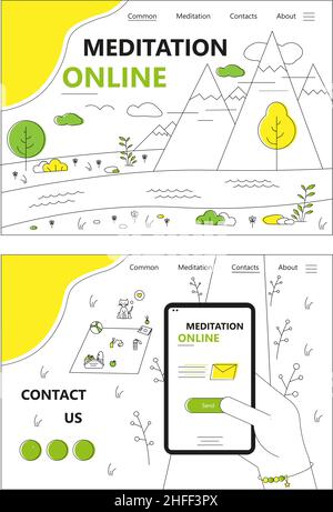 Nature landscape. Outdoor travel and camping. Hand holding phone. Picnic in a park. Vector web site design template. Landing page website concept Stock Vector