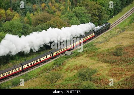 Running tender first, BR Standard Pacific No 71000 Duke of Gloucester leaves a smoke trail through Newtondale, North Yorkshire. 28.09.2008. Stock Photo