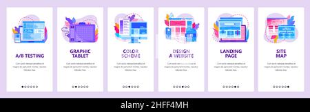 Web development, digital graphic tablet, wireframe, sitemap. Mobile app onboarding screens. Menu vector banner template for website and mobile Stock Vector