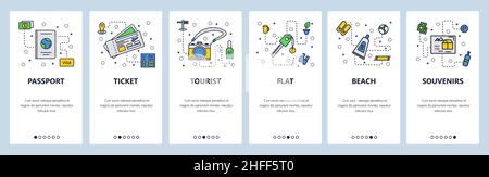 Travel outline icons. Passport, air tickets, photo camera, sunblock cream. Mobile app onboarding screens. Menu vector banner template for website and Stock Vector