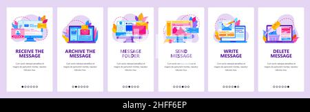 Write, send, receive and delete messages. Email inbox, computer technology. Mobile app onboarding screens. Menu vector banner template for website Stock Vector