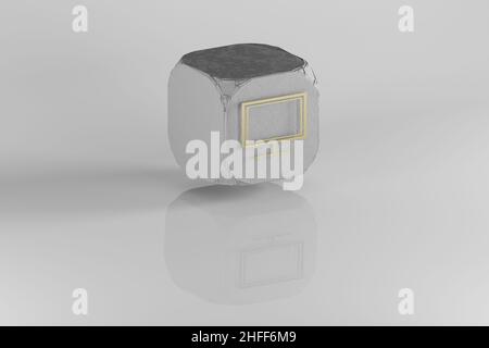 Desktop icon. Yellow Golden Desktop symbol on stone cube and white background. 3d rendering illustration. Background pattern for design. Stock Photo