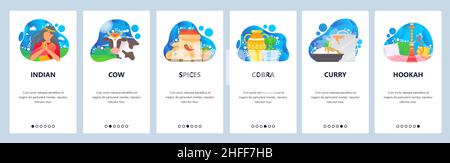 Indian traditional culture and food. Indian girl, holy cow, spices, curry. Mobile app onboarding screens. Menu vector banner template for website and Stock Vector