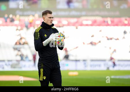 London, UK. 16th Jan, 2022. Kristoffer Klaesson, the Leeds United goalkeeper during the warm up. Premier League match, West Ham Utd v Leeds United at the London Stadium, Queen Elizabeth Olympic Park in London on Sunday 16th January 2022. this image may only be used for Editorial purposes. Editorial use only, license required for commercial use. No use in betting, games or a single club/league/player publications. pic by Lewis Mitchell/Andrew Orchard sports photography/Alamy Live news Credit: Andrew Orchard sports photography/Alamy Live News Stock Photo