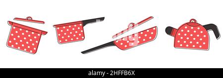 complete set of kitchen equipment, kitchen utensils. Flat style vector illustration. Colorful red, white and black. Black stroke, outline Stock Vector