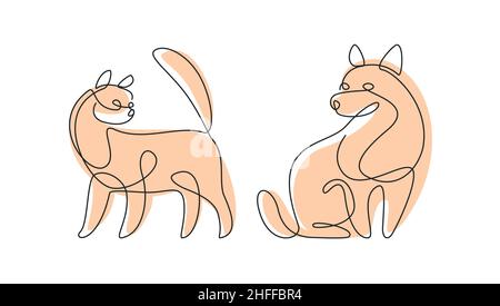 Continuous line drawing set of Pets. Dog and Cat one line illustration. Minimalist Prints vector illustration Stock Vector