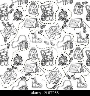 Hand drawn seamless pattern with summer camping equipment. Trailers, mountains, trees, and tourist objects in Scandinavian style. Cartoon vector backg Stock Vector