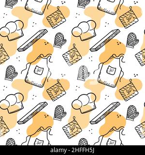 Seamless pattern of hand-drawn elements. Chef's tools and clothes: cap, oven mitts and food cutting board. Doodle style vector illustration. Stock Vector