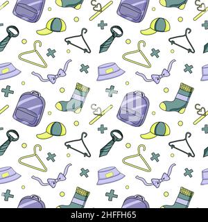 Vector illustration. Seamless pattern of clothing items and hangers. Backpack, bowtie, tie, panama and cap. Idea of exchanging supported clothing with Stock Vector