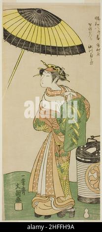 The Actor Segawa Kikunojo II as the Courtesan Hitachi in Part Two of the Play Wada Sakamori Osame no Mitsugumi (Wada's Carousal: The Last Drink With a Set of Three Cups), Performed at the Ichimura Theater from the Ninth Day of the Second Month, 1771, c. 1771. Stock Photo