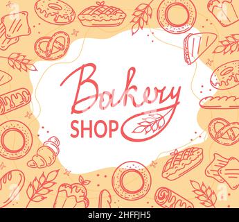 Banner or poster with different hand-drawn baked goods and desserts. Bread and rolls store design template. Stock Vector
