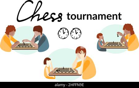 The concept of a chess tournament. People of different ages and races play chess. Chessboard and the pieces on it. Vector in flat style. Stock Vector