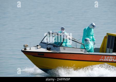 Health workers arrive by boat ambulance at a Venice hospital. Venice, Italy, April 10, 2020. (MvS) Stock Photo