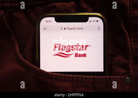 KONSKIE, POLAND - January 15, 2022: Flagstar Bank logo displayed on mobile phone hidden in jeans pocket Stock Photo