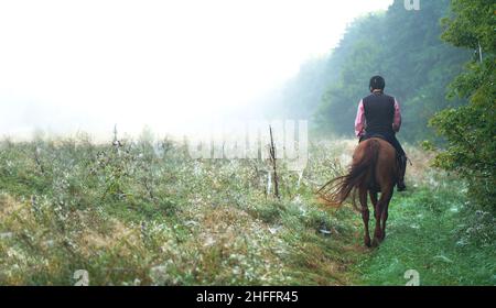 Early morning in a blooming meadow. Elderly man riding a horse. A man keen on horseback riding meets the dawn Stock Photo