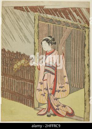 Woman Holding a Branch of Kerria Flowers in the Rain (parody of Ota Dokan), c. 1766/67. Stock Photo