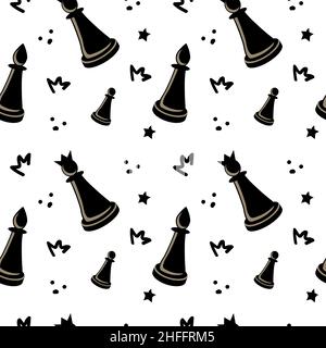 Seamless pattern of cartoon chess pieces on white background. Hand-drawn elements. Queen, rook and pawn. Doodle style vector. Stock Vector