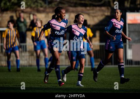 London, UK. 16th Jan, 2022. Ceylon Hickman (13 Dulwich Hamlet), Lucy Monkman (14 Dulwich Hamlet), and Rhea Gall (22 Dulwich Hamlet) celebrate Dulwich's first goal at the London and South East Regional Womens Premier game between Dulwich Hamlet and New London Lionesses at Champion Hill in London, England. Liam Asman/SPP Credit: SPP Sport Press Photo. /Alamy Live News Stock Photo