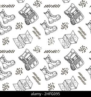 A seamless pattern of hand-drawn doodle-style elements. Illustration for local tourism. Shoes, backpack and map of the area. Vector image of camping o Stock Vector