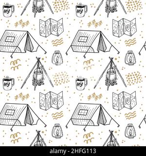 Hand drawn camping elements seamless pattern. Camping background. Camping doodle illustration. Vector illustration. Seamless pattern with cartoon camp Stock Vector