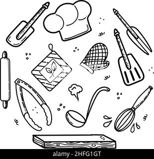 Hand-drawn chef's tools and doodle-style clothing. Chef's hat, oven mitts, cutting and slicing board and apron. A rolling pin, various spatulas and to Stock Vector