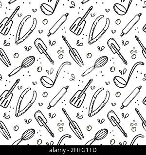A seamless pattern of hand-drawn elements. Chef's tools: rolling pin, tongs, spatula, whisk, and fork. Doodle style. Stock Vector