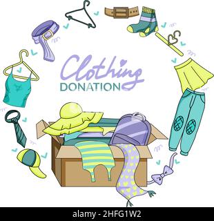 Donate clothes flat vector poster template. Banner for a used clothing store. Box of clothes. Homeless people in need of social assistance. Illustrati Stock Vector