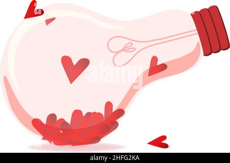 Isolated light bulb with small hearts on white background. Concept to light yourself up with love, charity and charity. Stock Vector