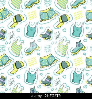 Seamless pattern of hand-drawn elements on white background. Clothes for charity. Sleeveless shirt, T-shirt, shorts, socks and sneakers. Second hand c Stock Vector