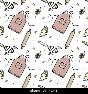 Seamless pattern of hand-drawn elements. Tools, chef's clothes and food: cap, oven mitts, whisk, ears of wheat and croissant. Stock Vector