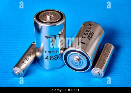 Tesla 2170 and 4680 battery cell comparison, St. Petersburg, Russia, January 7, 2022. Stock Photo