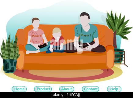 Video entertainment vector flat illustration. Father and kids on the couch. Father's Day. Hobby. Happy family having fun playing video games. Concept Stock Vector