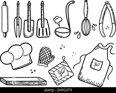 Hand-drawn chef's tools and doodle-style clothing. Vector illustration in the form of icons. Chef's hat, oven mitts, cutting and slicing board and apr Stock Vector