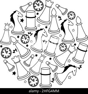 Doodle sketch style. A hand-drawn set of chess elements arranged in a circle. Queen, king, rook, bishop, horse and pawn. H Isolated vector illustratio Stock Vector