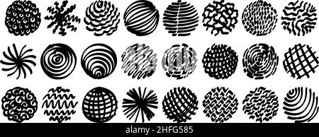 A large set of circular abstract backgrounds or patterns. Hand-drawn doodles. Spots, blots, zigzags, smooth curves, lines. Modern quirky vector illust Stock Vector