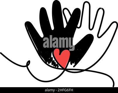 Isolated object on a white background. Hand-drawn two palms of different people in one line. Equality. Freedom. Hands of different sizes with a red he Stock Vector