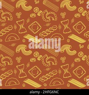 Vector illustration in doodle style. Seamless pattern of different kinds of pasta. Stock Vector