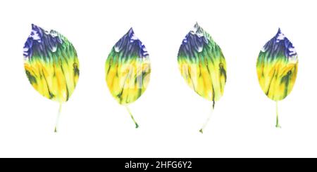 Tree leaves painted in yellow, blue and green color watercolor paint. Isolated on white pixel art elements. Bright multicolored artistic mosaic backgr Stock Photo
