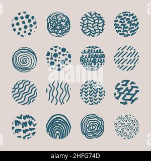 Large set of round abstract emerald backgrounds or patterns. Hand-drawn doodles. Spots, blobs, hearts, curves, lines. Modern Modern Fancy Vector Illus Stock Vector
