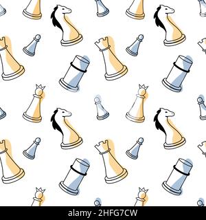 Seamless background of hand drawn icons of chess pieces and algebraic chess notation, pawn, knight, rook, bishop, king, queen, Icons of chess on a whi Stock Vector