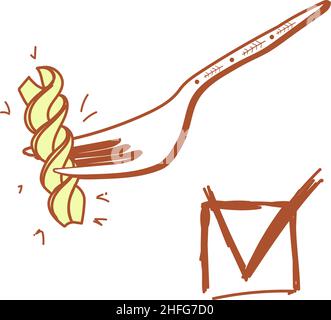 A hand-drawn, doodle-style sketch. Voting, yes. Tick with a box. Hand-drawn macaroni, fusilli, fork. Stock Vector