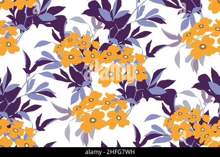 Vector floral seamless pattern. Yellow flowers, purple and lilac twigs and leaves on a white background.  Stock Vector