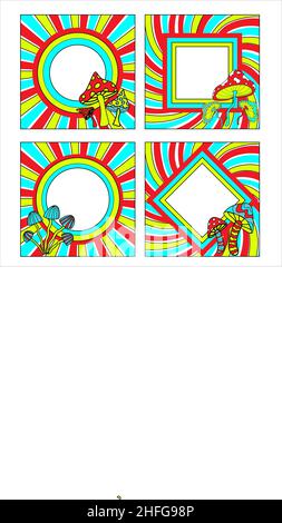 Rainbow neon acid colors frames set 70s psychedelic hippie style. Vintage frame with mushrooms 1970s groove. vector illustration Stock Vector