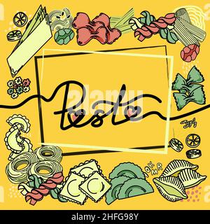 Template for a label, flyer or poster with space for text. Hand-drawn lettering and pasta. Abstract background with small grains. Bright vector illust Stock Vector