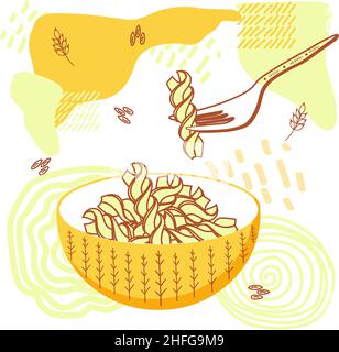 Hand-drawn pasta, fusilli, fork and cup. A cup with a drawing. Abstract background with small grains and an ear of wheat. Doodle style vector illustra Stock Vector